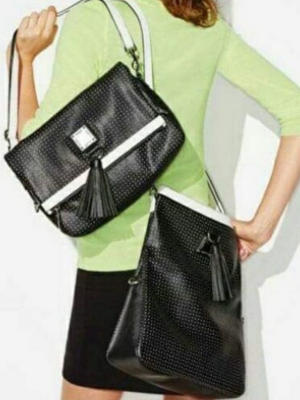 mark. Versatile Black Shoulder Bag with White Trim and Tassels NWOT